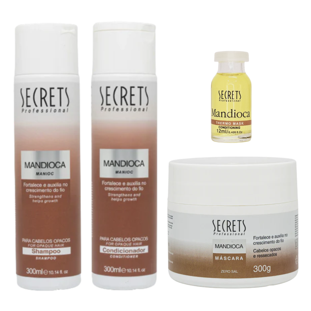 Kit Completo Mandioca - Shampoo, Condicionador, Máscara e Thermo Mark - Secrets Professional