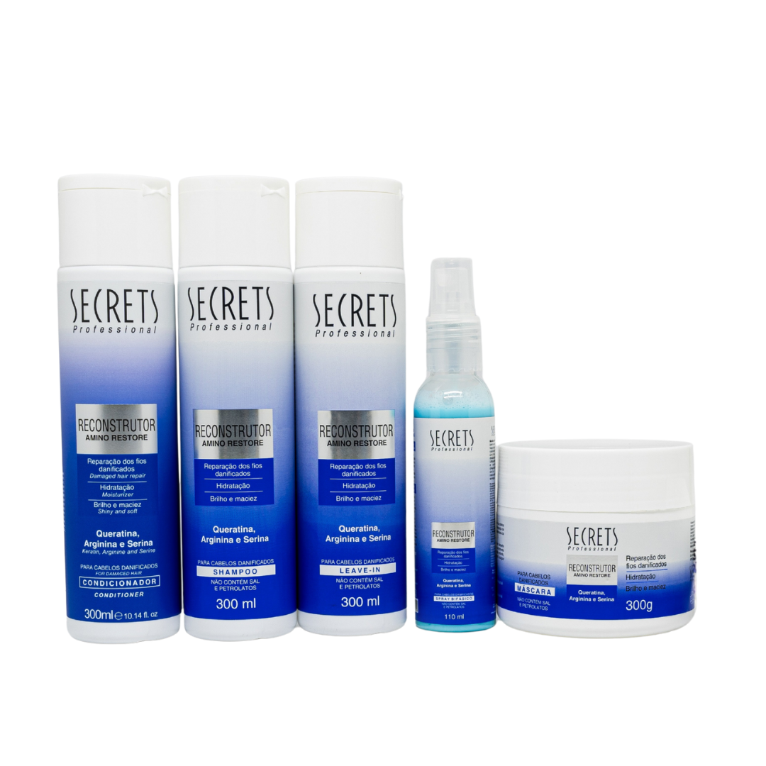 Kit Completo Reconstrutor Amino Restore - Shampoo, Condicionador, Máscara, leave-in e Spray Bifásico - Secrets