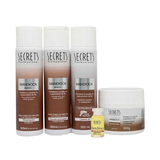 Kit Completo Mandioca - Shampoo, Condicionador, Máscara, Leave-in e Thermo Mark - Secrets Professional