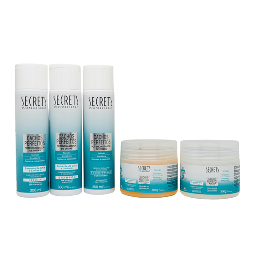 Kit Completo Cachos Perfeitos - Shampoo, Condicionador, Gelatinas e Leave-in - Secrets