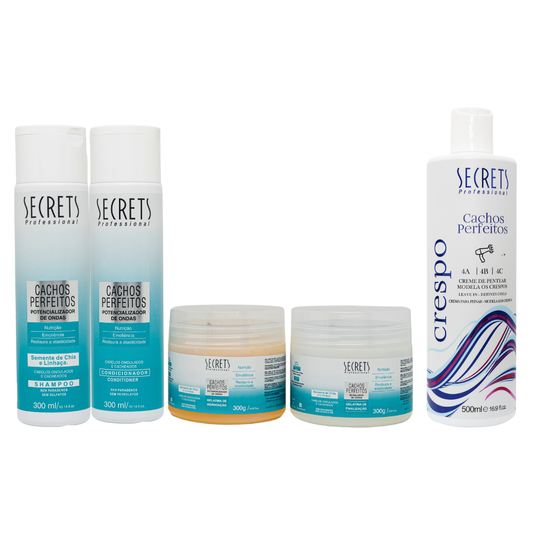 Kit Completo Cachos Perfeitos Crespo - Shampoo, Condicionador, Gelatinas e Creme de Pentear - Secrets Professional
