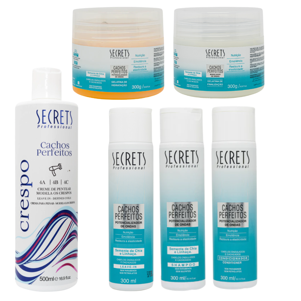 Kit Completo Cachos Perfeitos Crespo - Shampoo, Condicionador, Leave-in, Gelatinas e Creme de Pentear - Secrets Professional