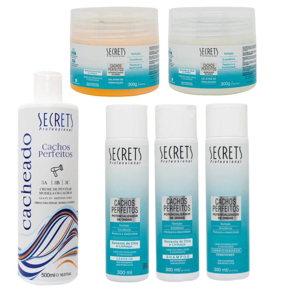 Kit Completo Cachos Perfeitos Cacheado - Shampoo, Condicionador, Leave-in, Gelatinas e Creme de Pentear - Secrets Professional