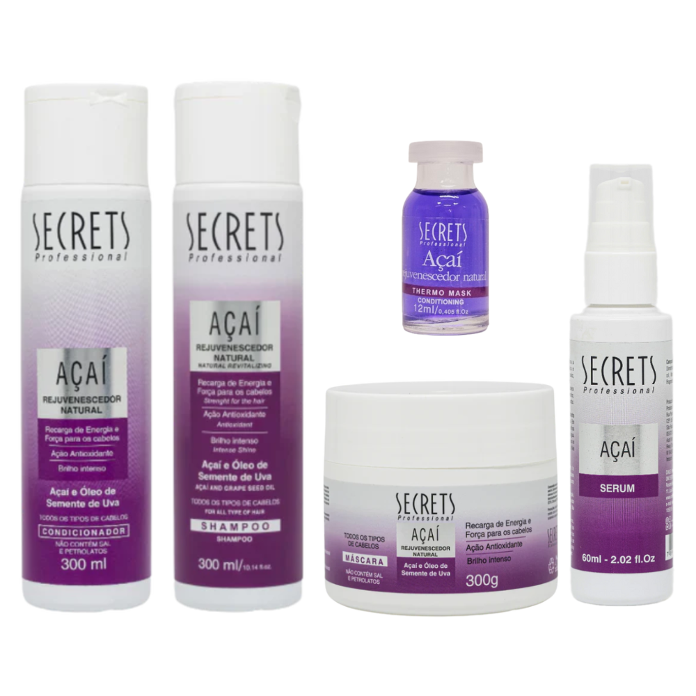 Kit Completo Açaí - Shampoo, Condicionador, Máscara, Thermo Mark e Sérum  - Secrets Professional