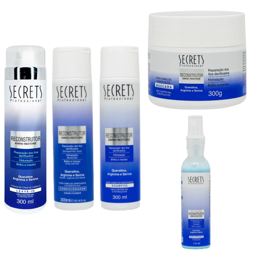 Kit Completo Reconstrutor Amino Restore - Shampoo, Condicionador, Máscara, leave-in e Spray Bifásico - Secrets